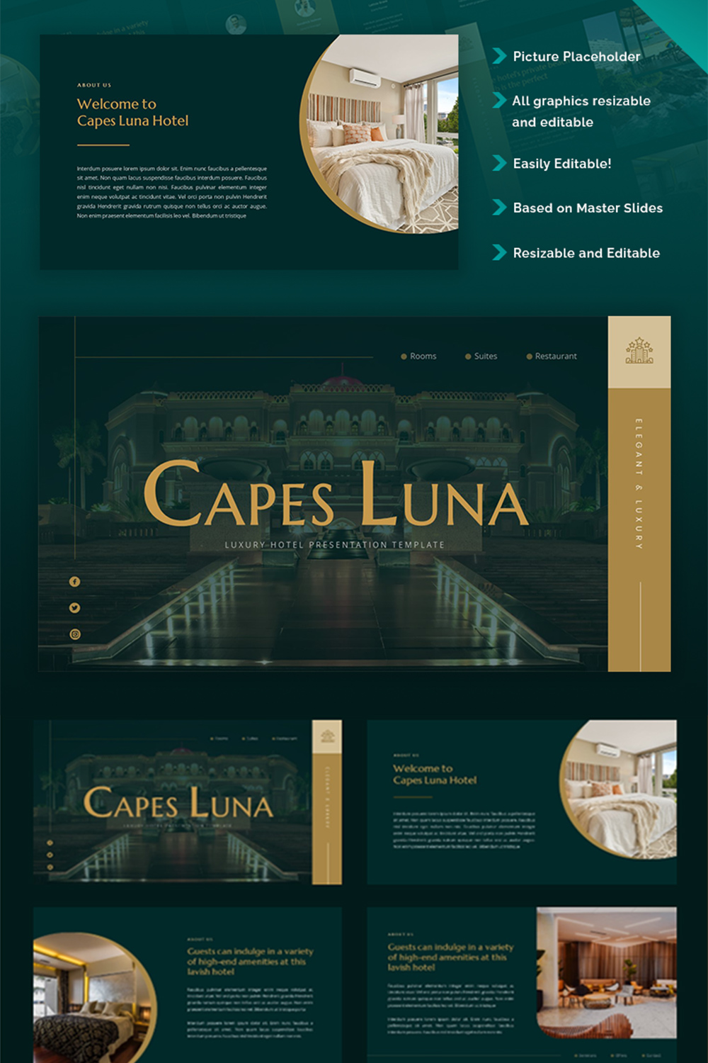 Capes Luna - Luxury Hotel Google Slides Template pinterest preview image.