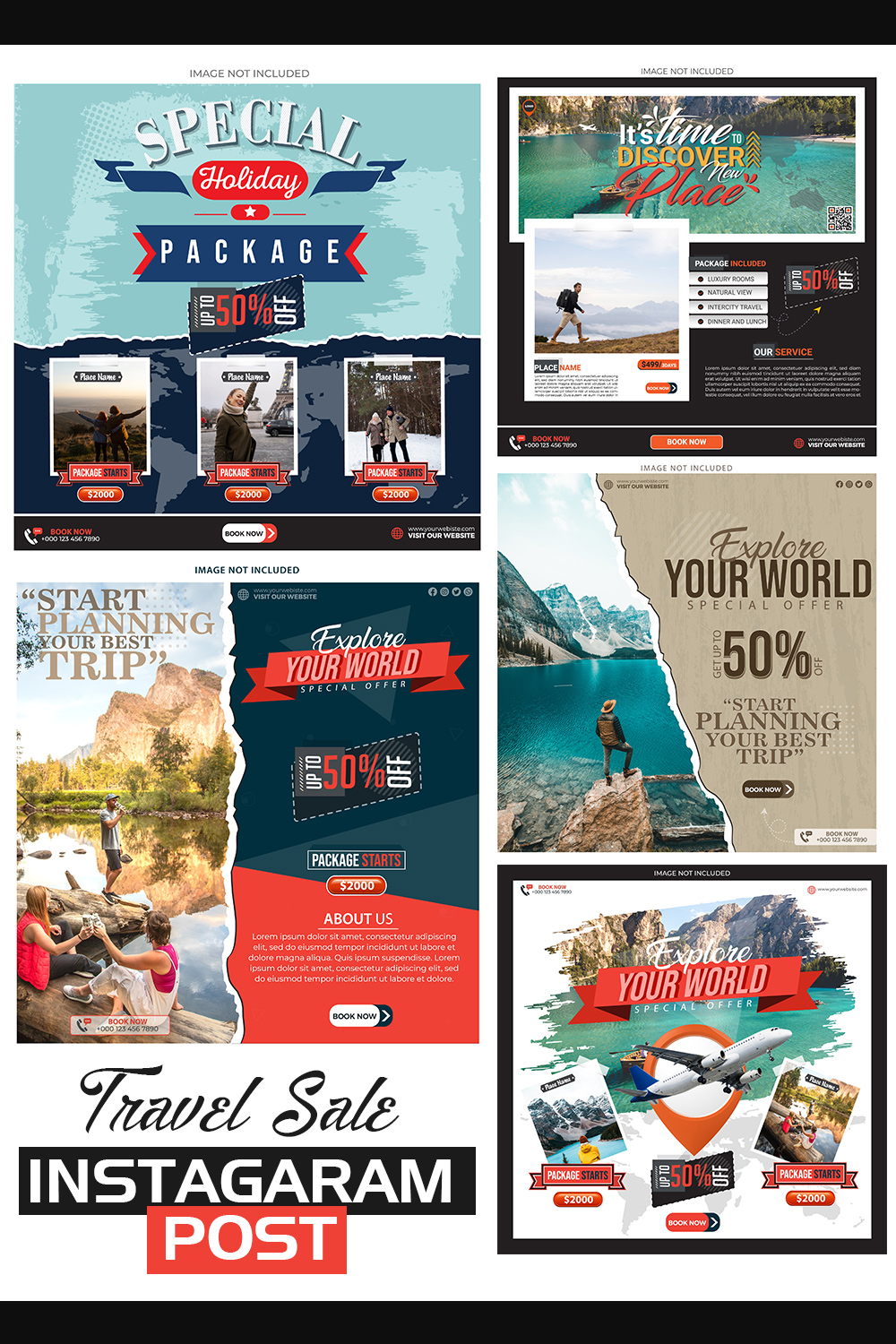 Travel Agency Social Media Post Template Bundle pinterest preview image.