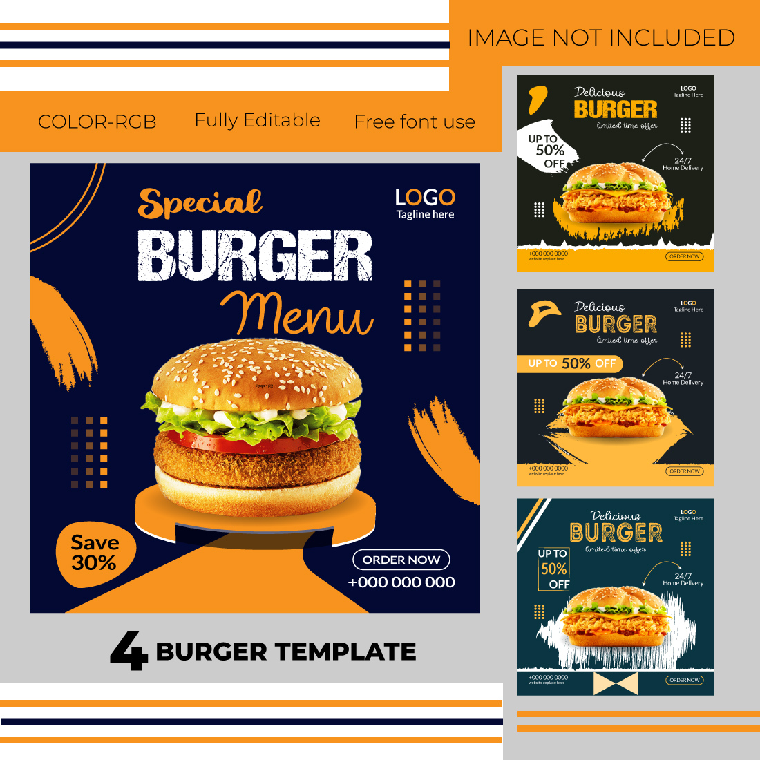 Burger social media post design template bundle preview image.