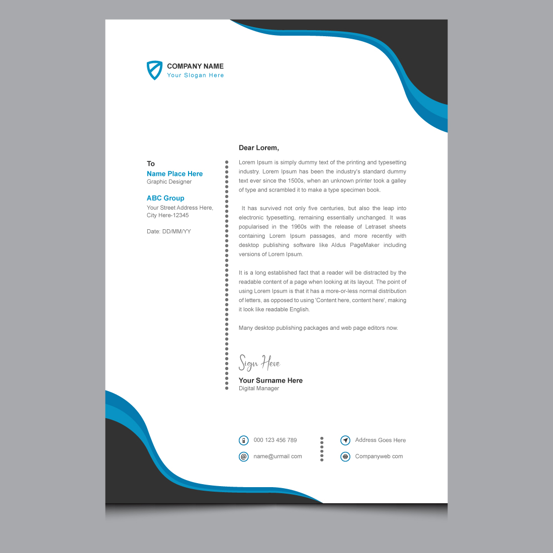 Clean minimal modern corporate business letterhead design template preview image.