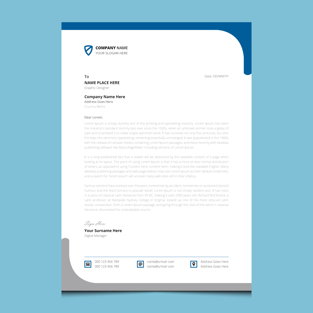 Clean stylish modern corporate identity business letterhead design template preview image.