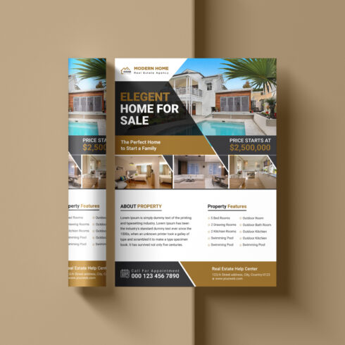 Modern creative elegant real estate home property sale print ready a4 flyer template design cover image.