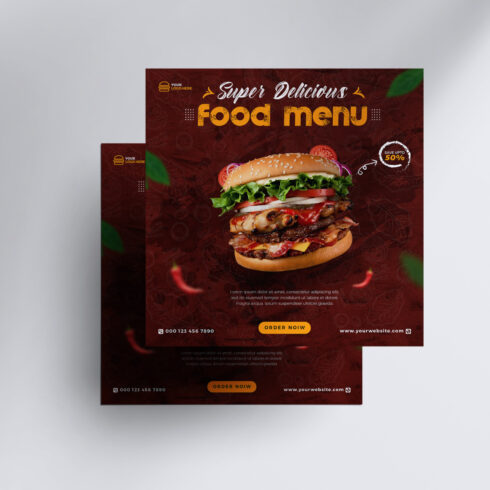 Delicious burger or fast food menu social media promotion banner post template cover image.