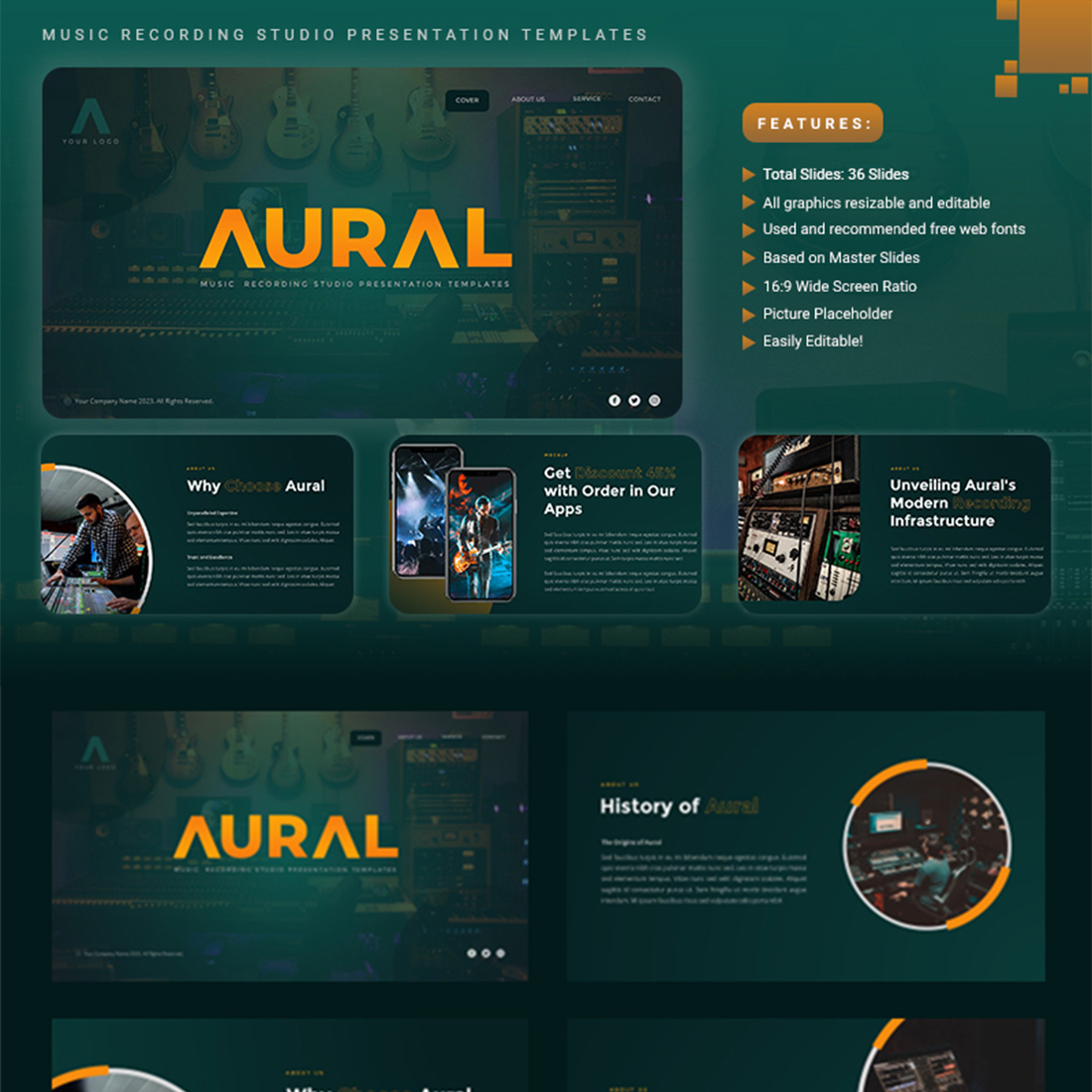 Aural - Music Recording Studio PowerPoint Template preview image.