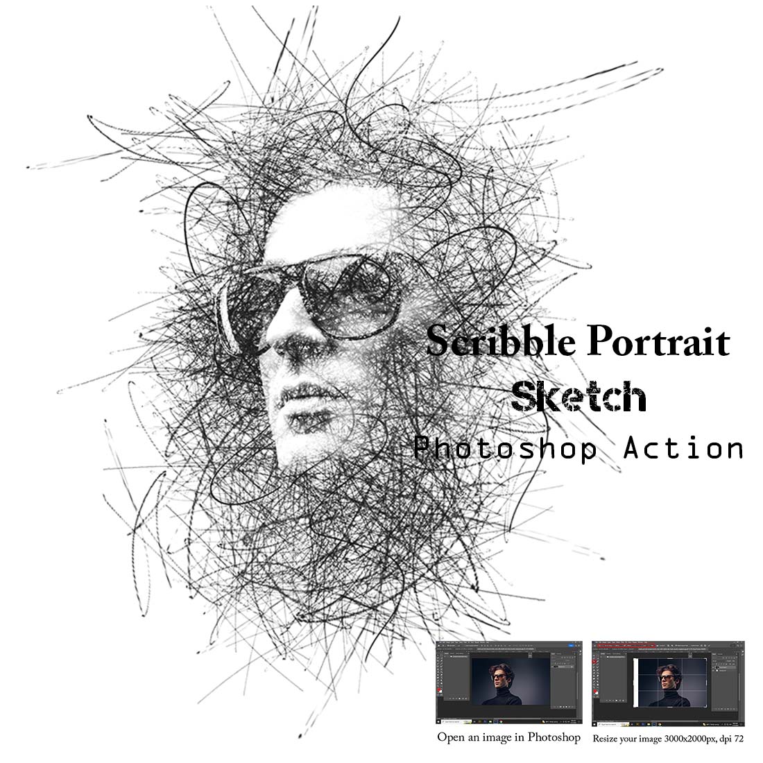 Scribble Portrait Sketch Photoshop Action cover image.