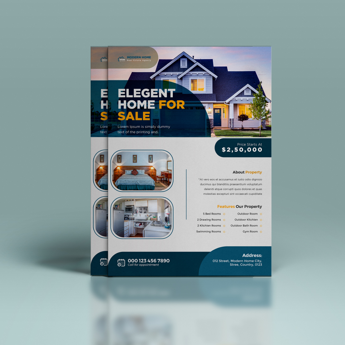 Modern creative elegant real estate home property sale print ready a4 flyer template design cover image.