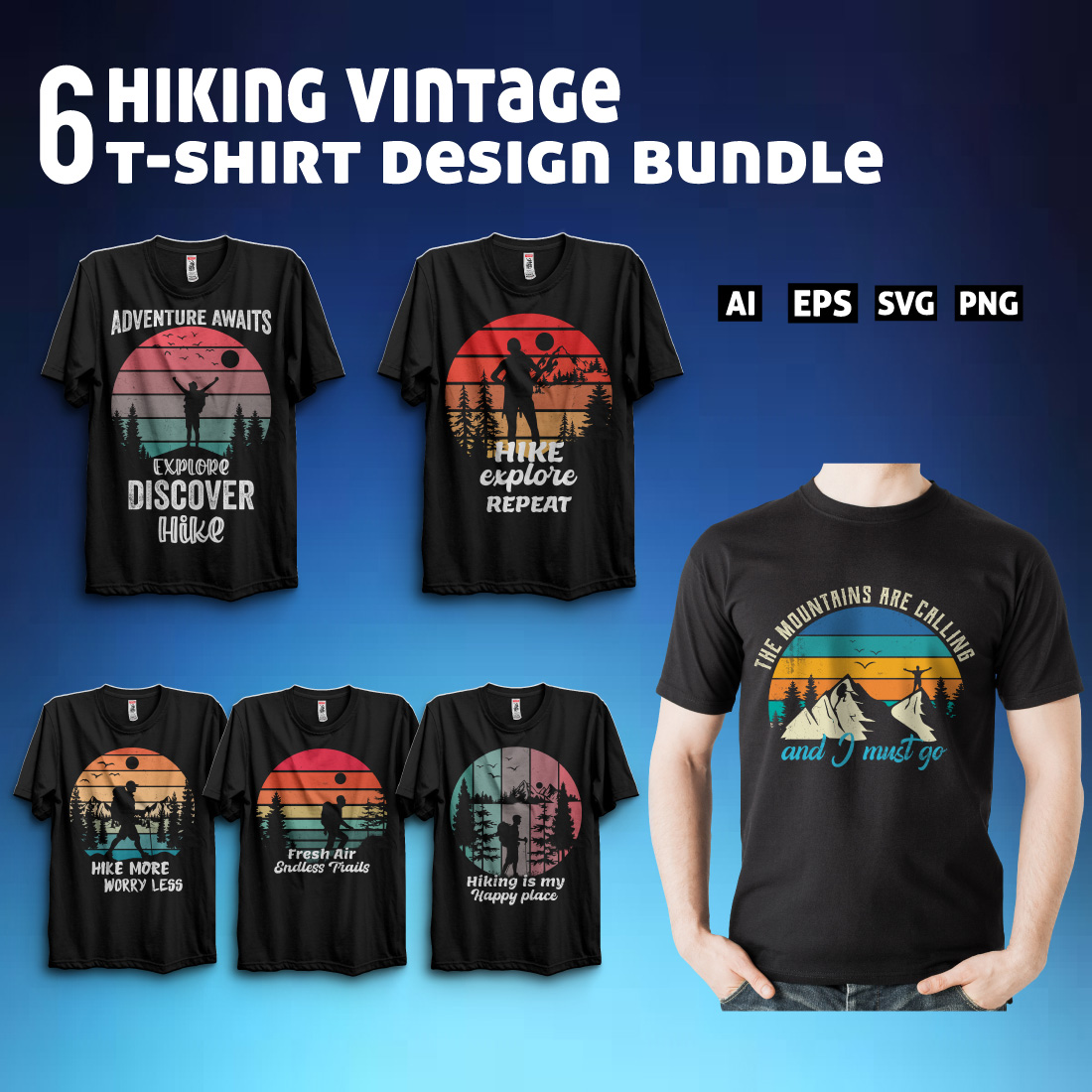 Hiking vintage t-shirt design bundle cover image.