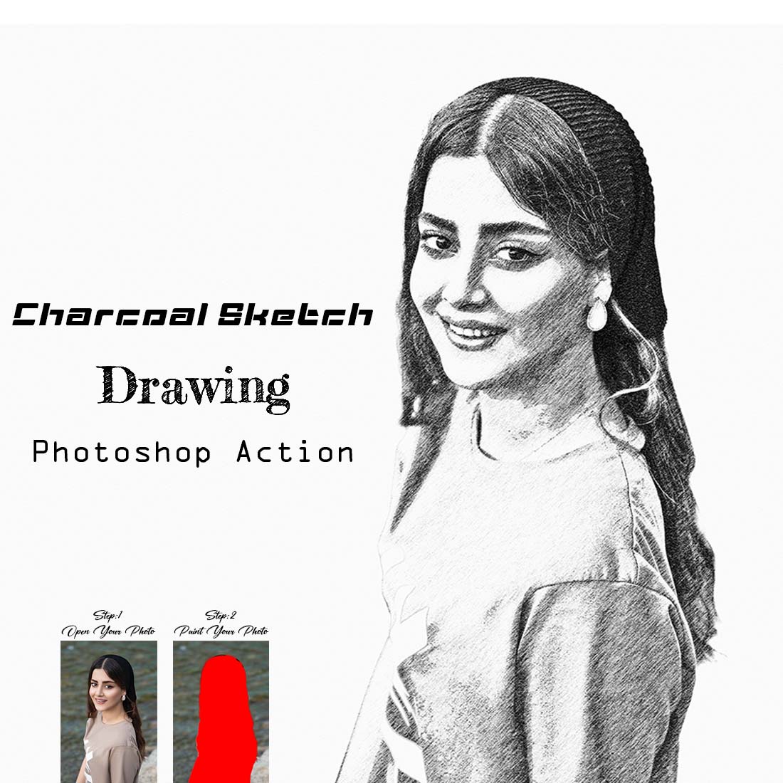 Charcoal Sketch Drawing Photoshop Action cover image.
