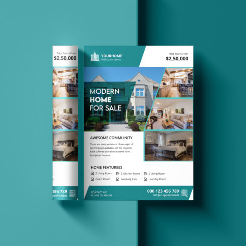 Modern creative elegant real estate home property sale print ready a4 flyer template design cover image.