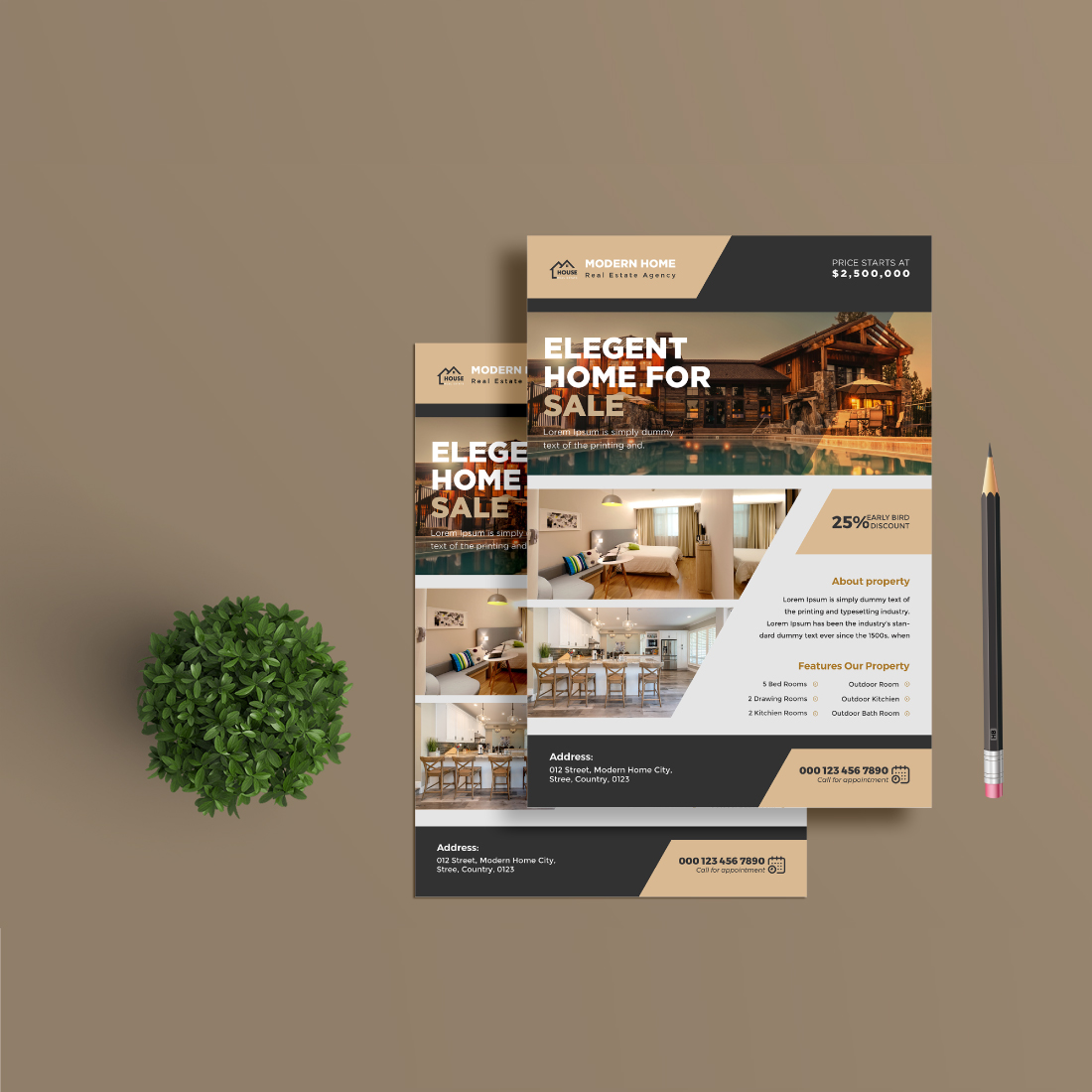 Modern real estate a4 flyer design template preview image.