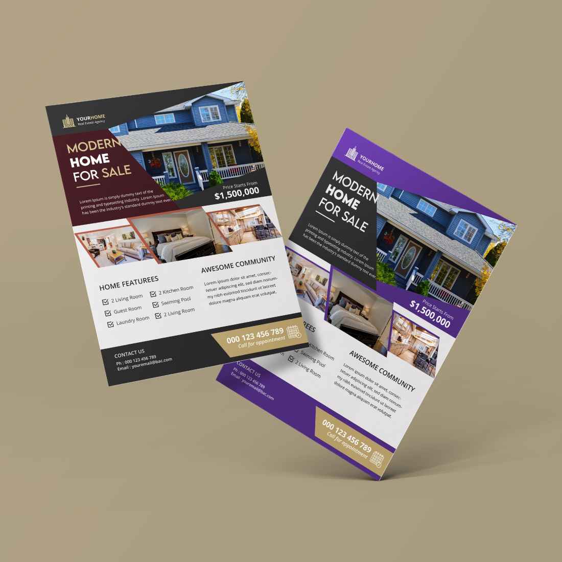 Modern creative elegant real estate home property sale print ready a4 flyer template design preview image.