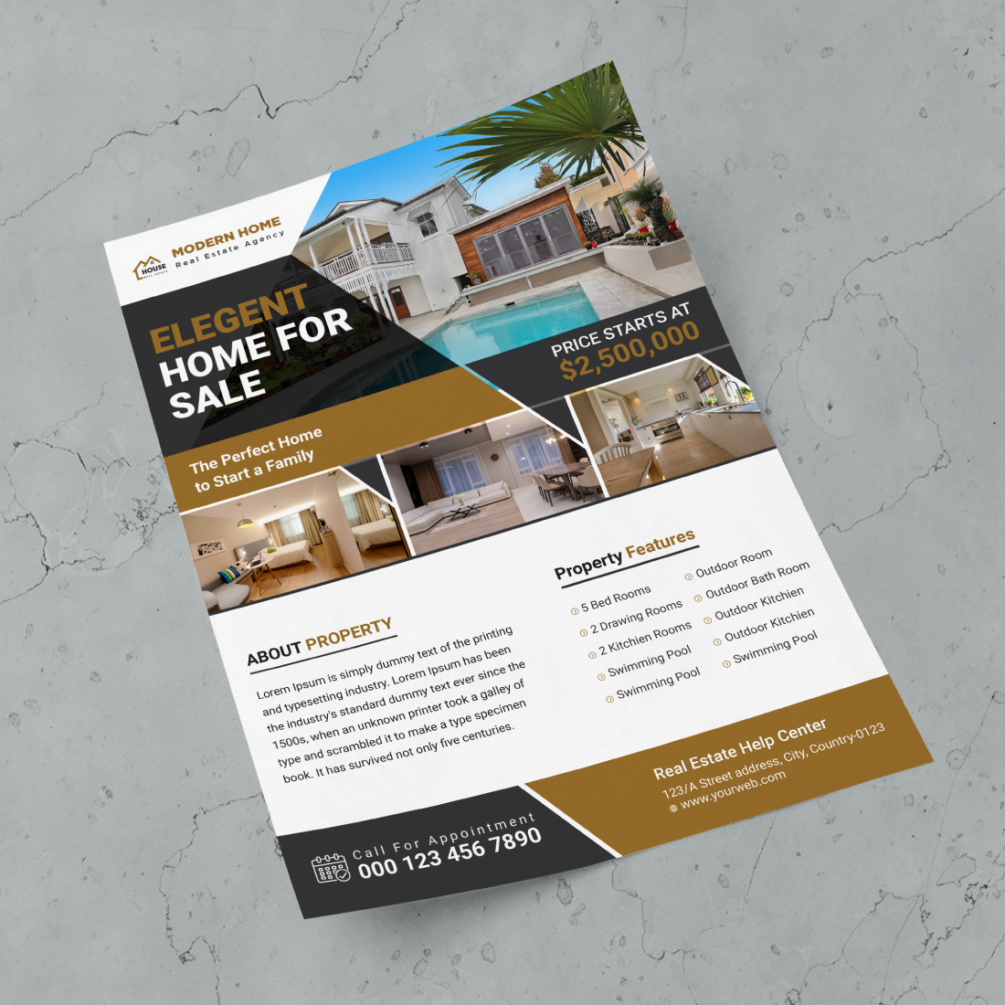 Modern creative elegant real estate home property sale print ready a4 flyer template design preview image.