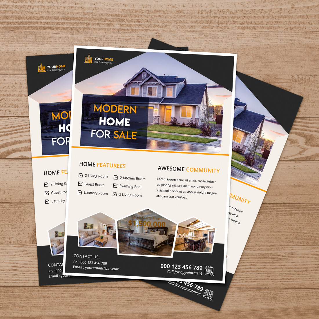 Modern creative elegant real estate home property sale print ready a4 flyer template design preview image.