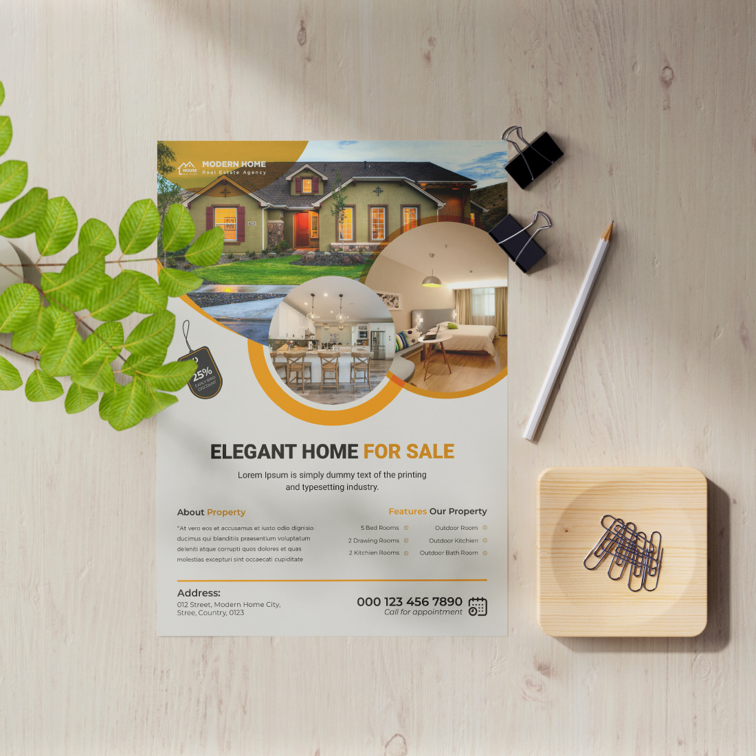 Modern creative elegant real estate home property sale print ready a4 flyer template design preview image.