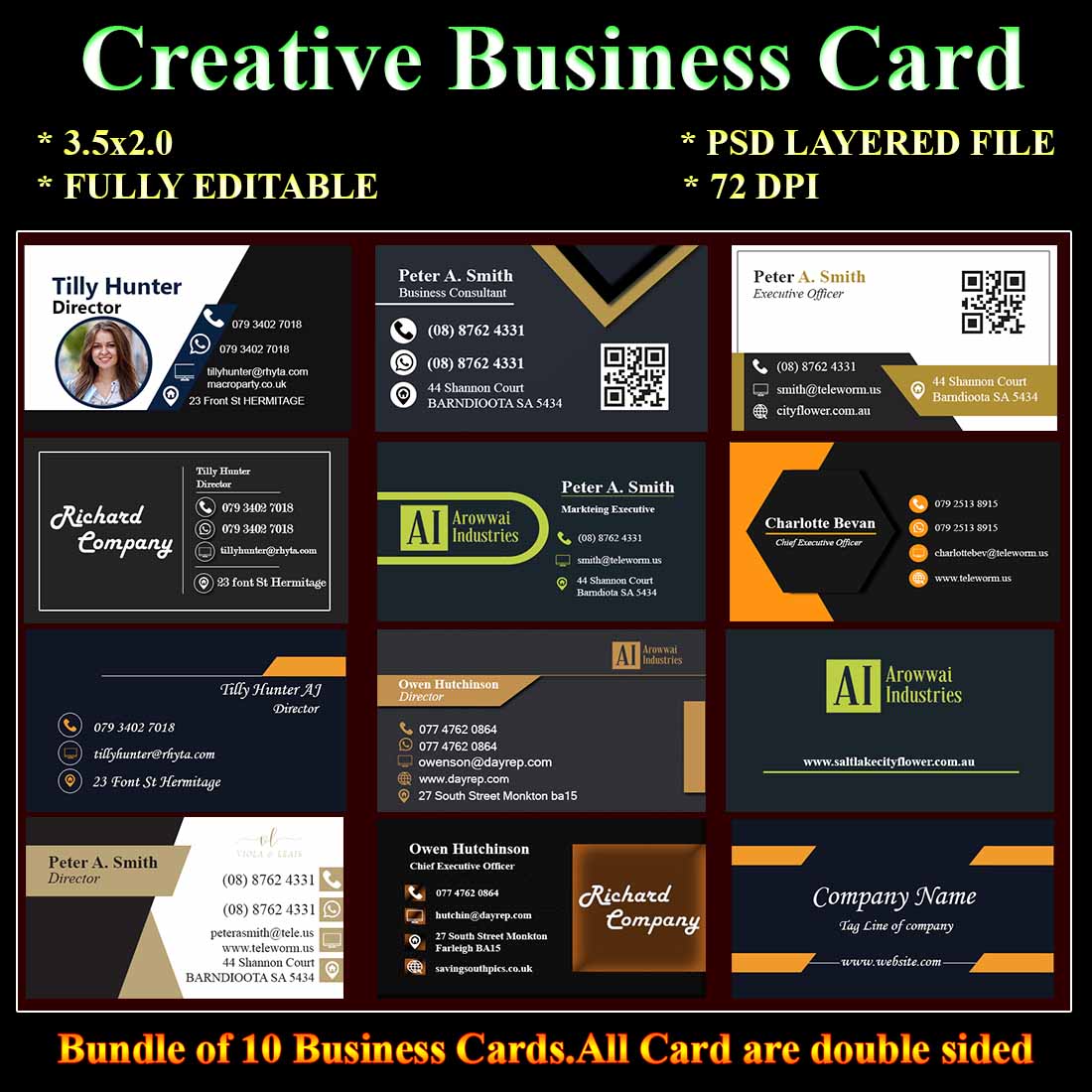 Bundle of 10 Business Card Templates preview image.