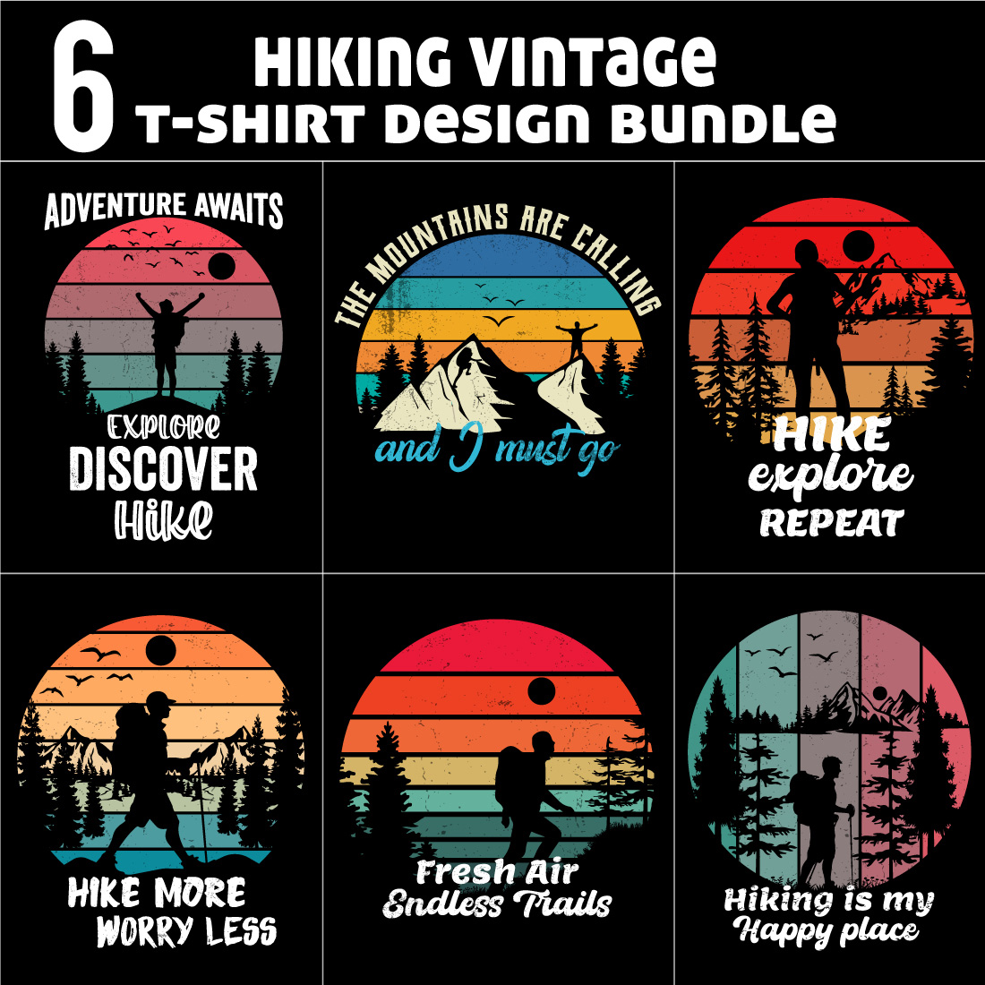Hiking vintage t-shirt design bundle preview image.