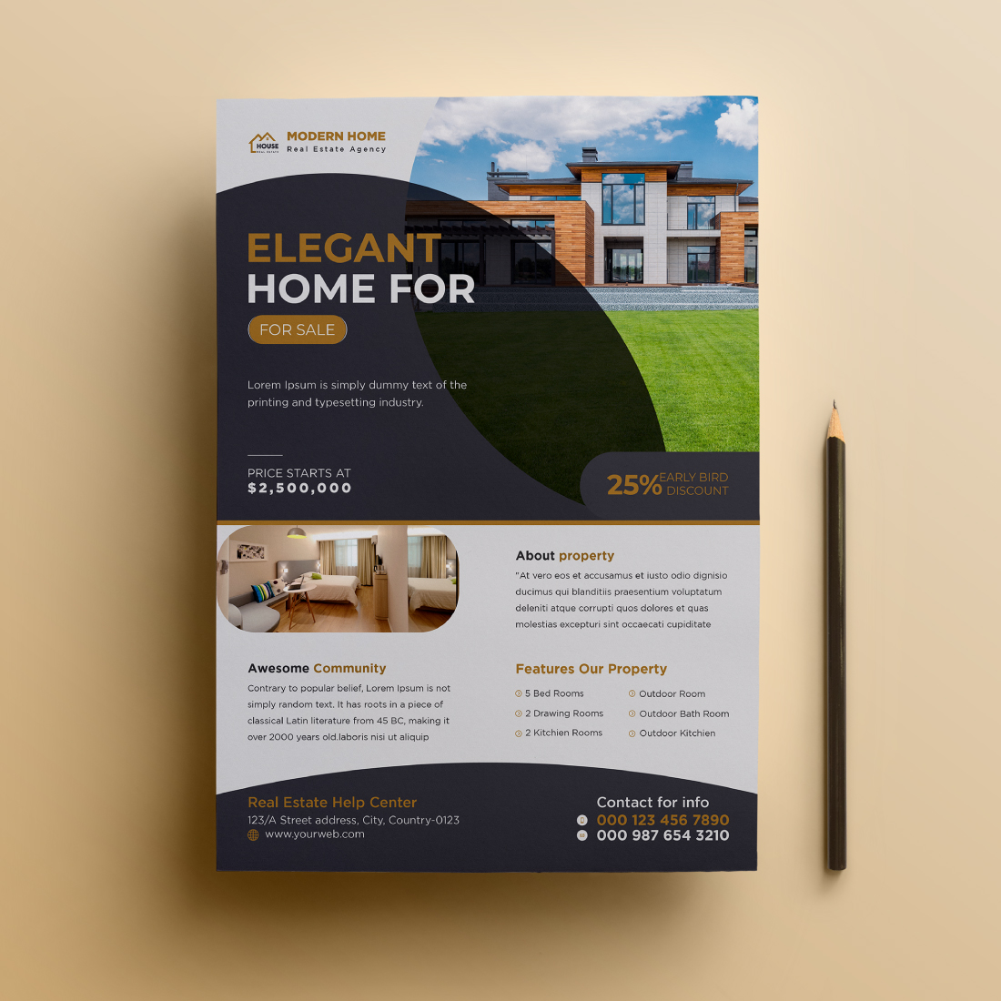 Modern creative elegant real estate home property sale print ready a4 flyer template design preview image.