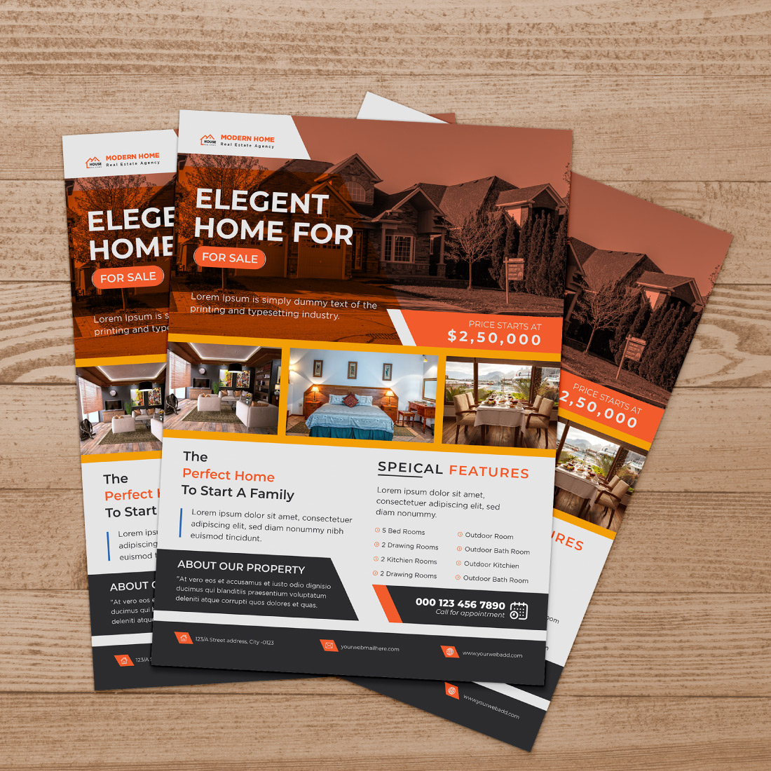 Modern creative elegant real estate home property sale print ready a4 flyer template design preview image.