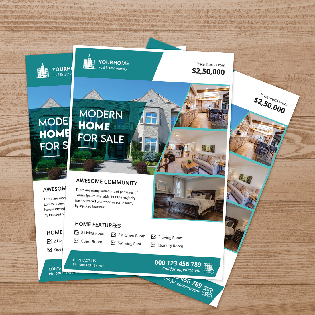 Modern creative elegant real estate home property sale print ready a4 flyer template design preview image.