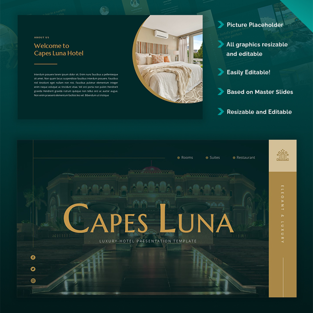 Capes Luna - Luxury Hotel PowerPoint Template preview image.