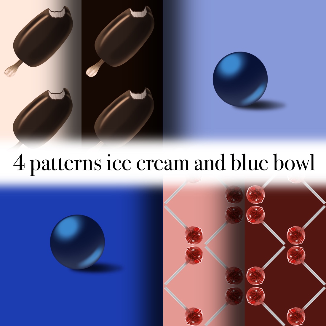 Patterns lollipops, ice cream, soda bottle, blue balloon preview image.