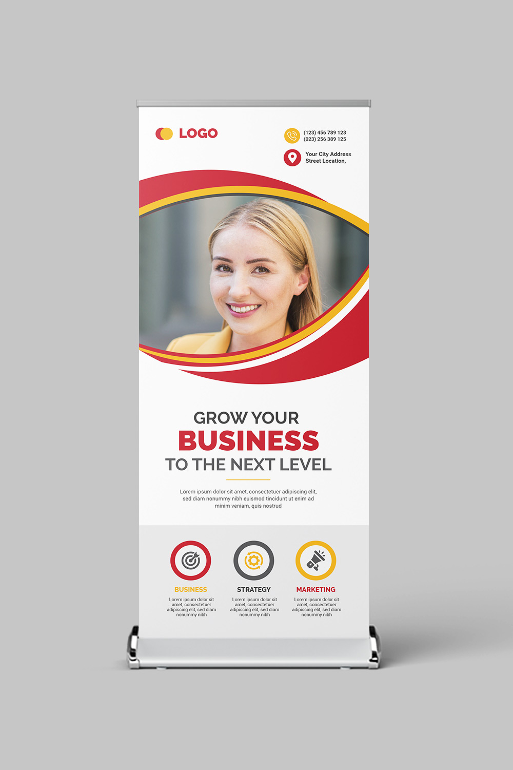 Roll up x banner standee banner template with creative shapes three color variation x banner design pinterest preview image.