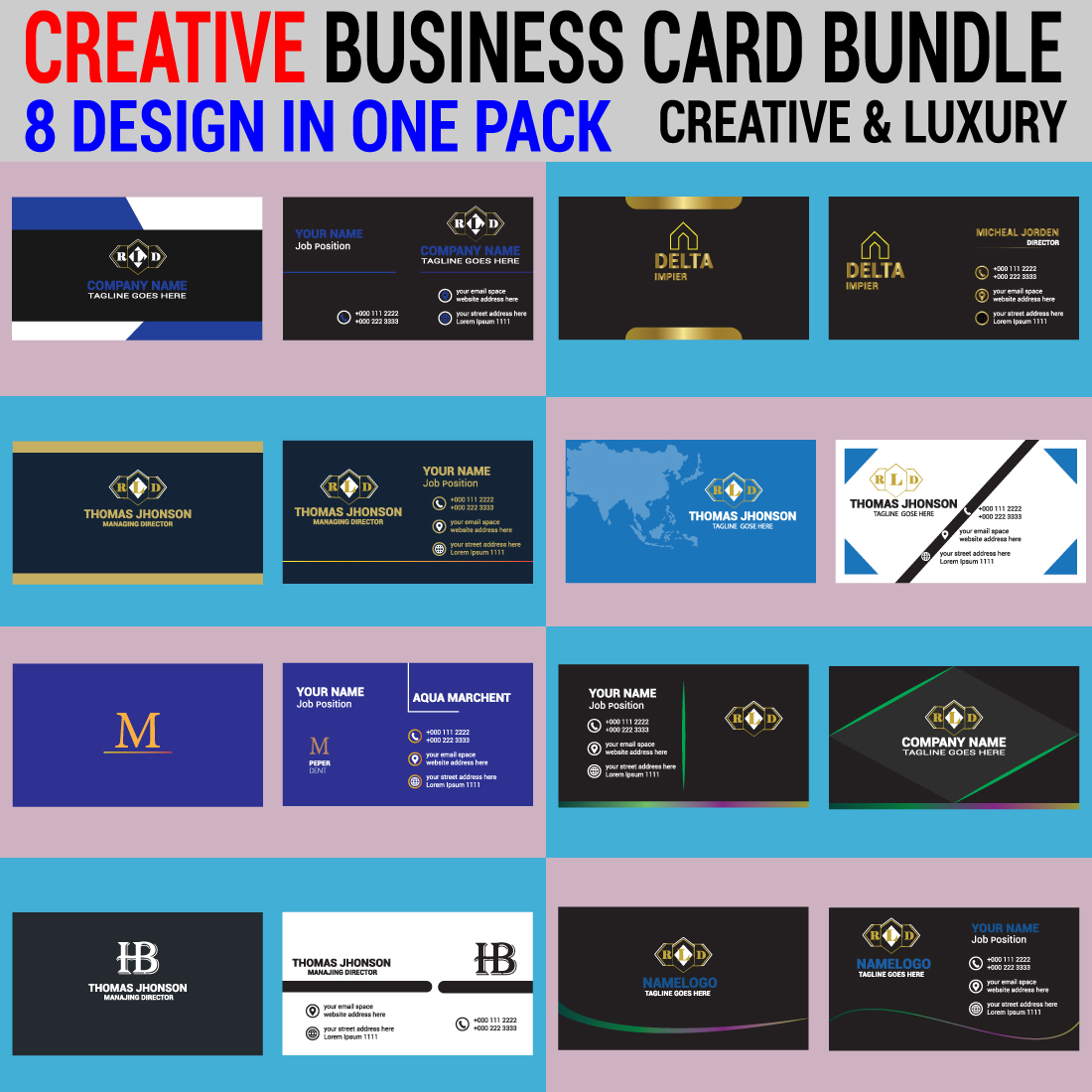 creative luxury 8 business card design bundle preview image.