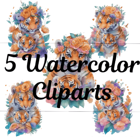 Floral Watercolor Tiger Mom and Cub with Flower crown Clip Art - Perfect for Nursery Decor, Birthday Invitations, and More! cover image.