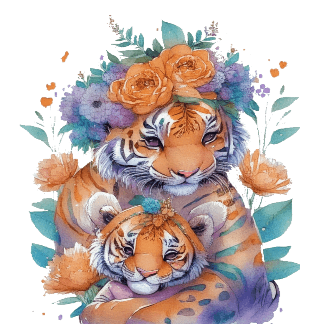 Floral Watercolor Tiger Mom and Cub with Flower crown Clip Art - Perfect for Nursery Decor, Birthday Invitations, and More! preview image.