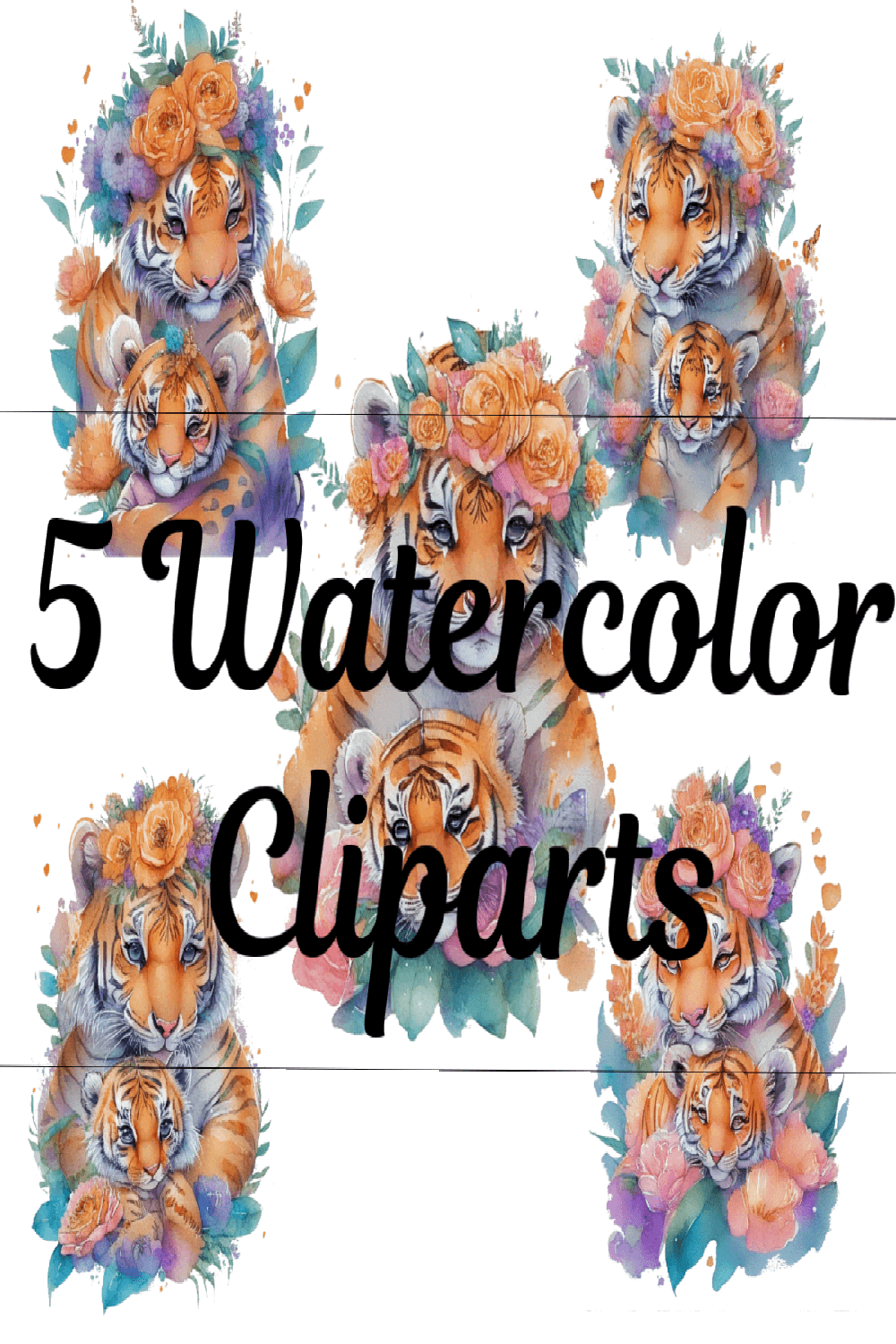 Floral Watercolor Tiger Mom and Cub with Flower crown Clip Art - Perfect for Nursery Decor, Birthday Invitations, and More! pinterest preview image.