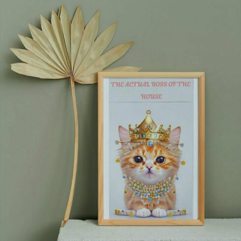 Cute Cat Printable Wall Art with Text "The Actual Boss of the House" cover image.