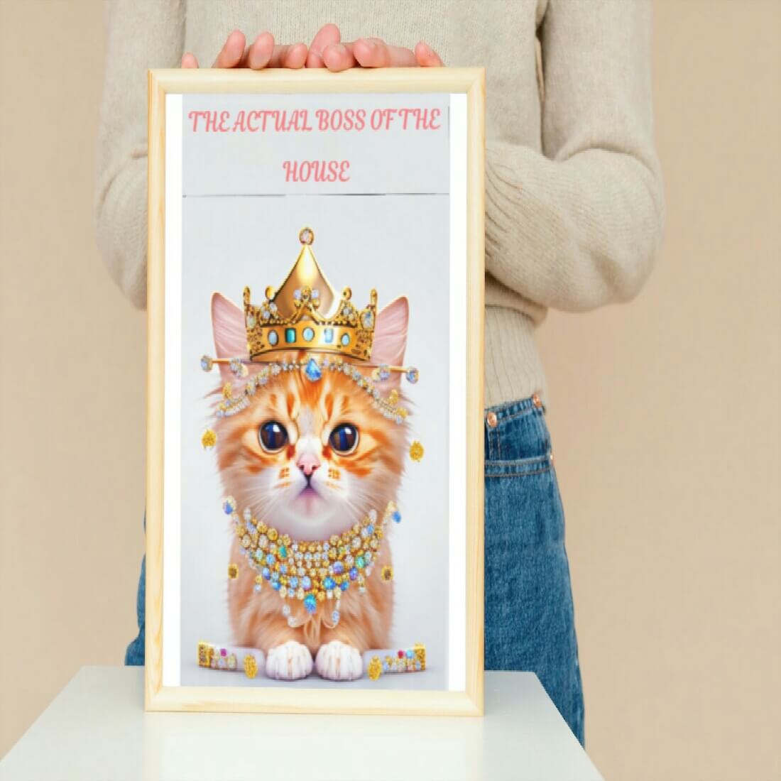 Cute Cat Printable Wall Art with Text "The Actual Boss of the House" preview image.