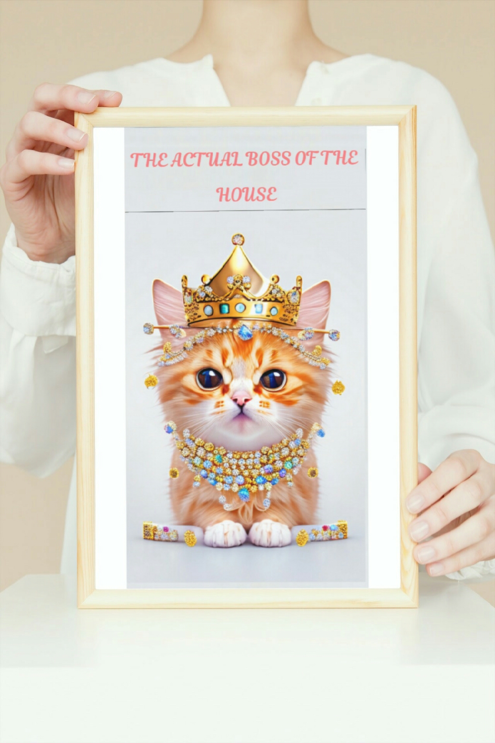 Cute Cat Printable Wall Art with Text "The Actual Boss of the House" pinterest preview image.