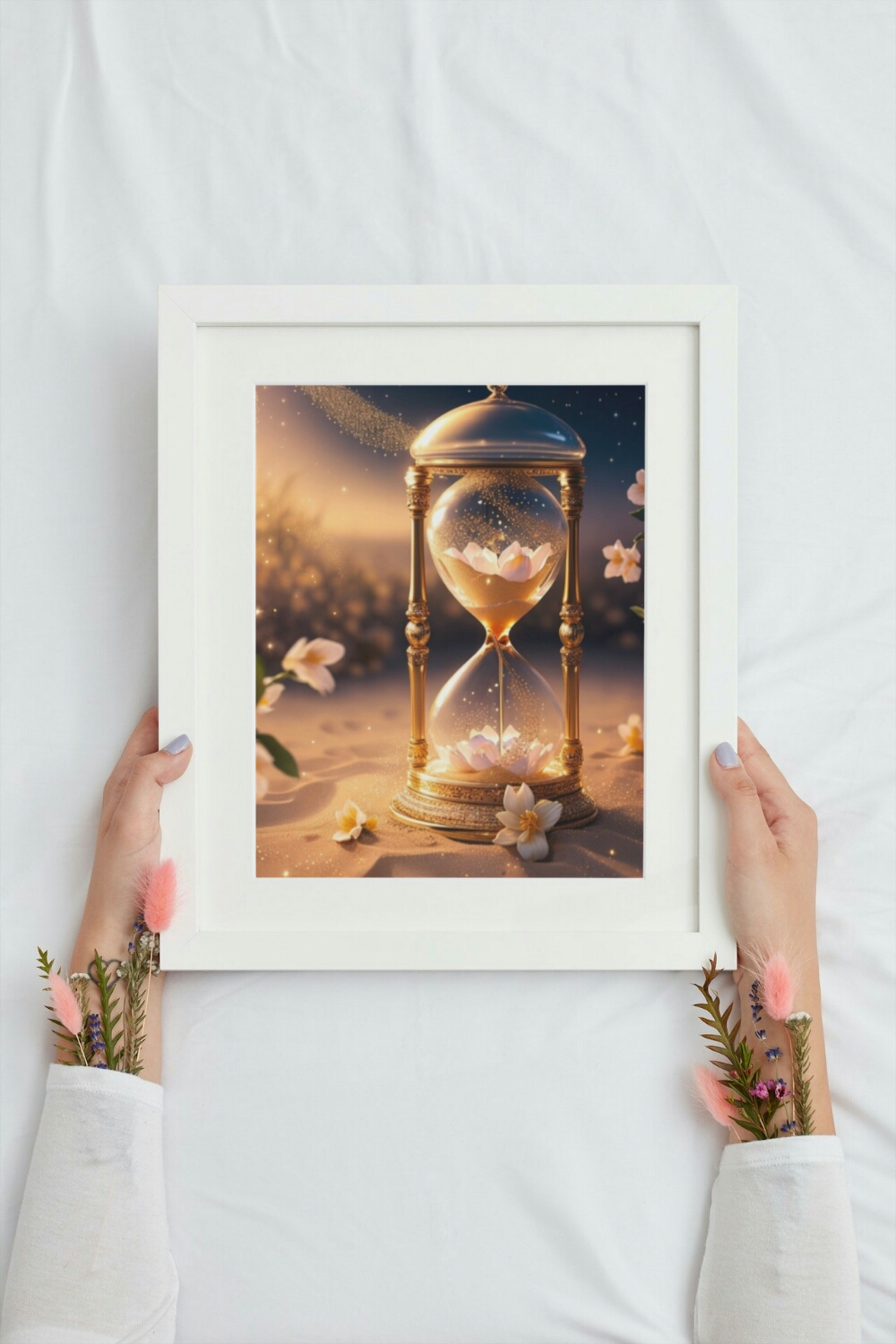 Hourglass with Flowers in the Desert Printable wallart - Digital Art File pinterest preview image.