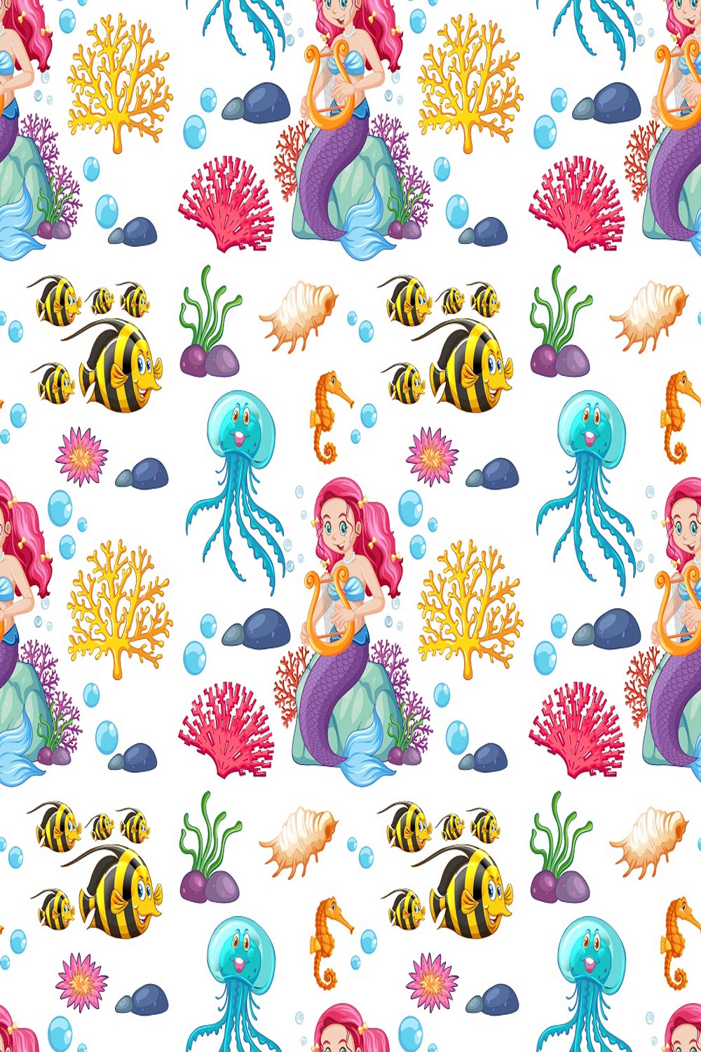 Seamless pattern with mermaid undersea elements pinterest preview image.