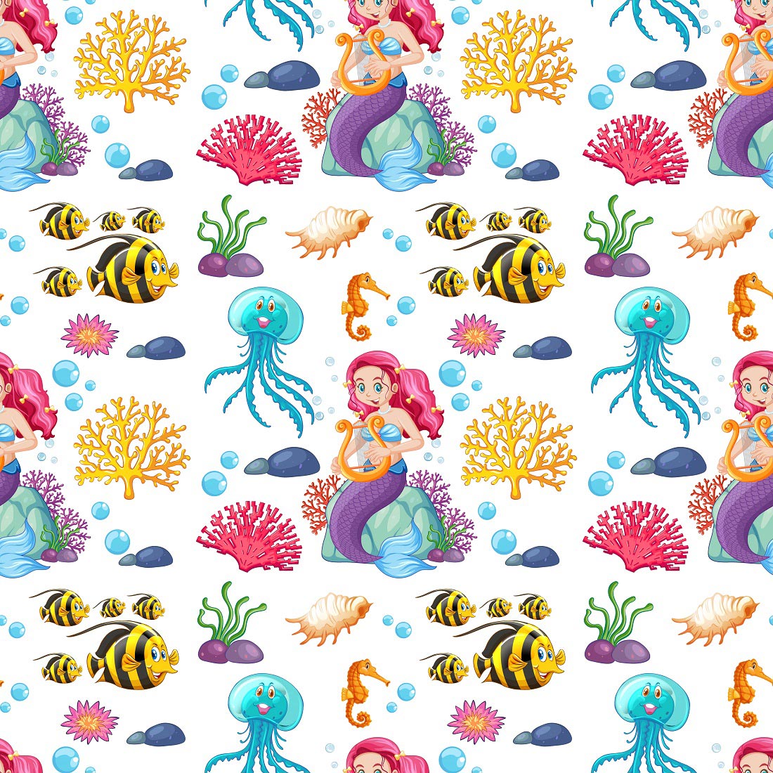 Seamless pattern with mermaid undersea elements preview image.