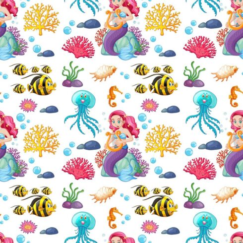 Seamless pattern with mermaid undersea elements cover image.