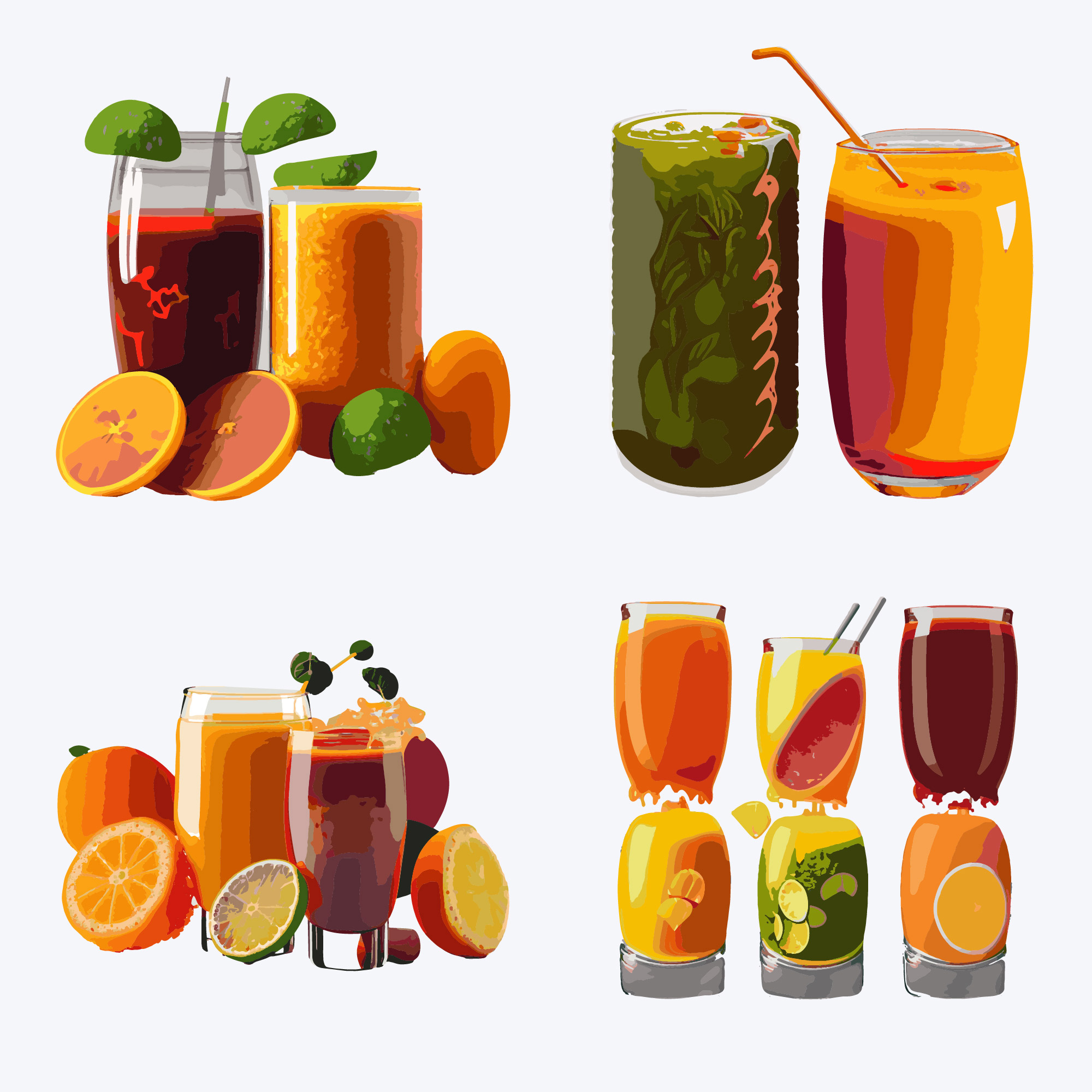 set of different smoothies with orange lemon lime mint and ice 234