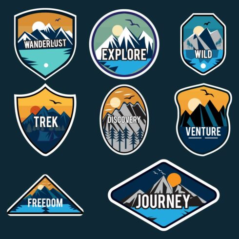 Set of eight mountain travel emblems Camping outdoor adventure emblems, badges and logo patches cover image.