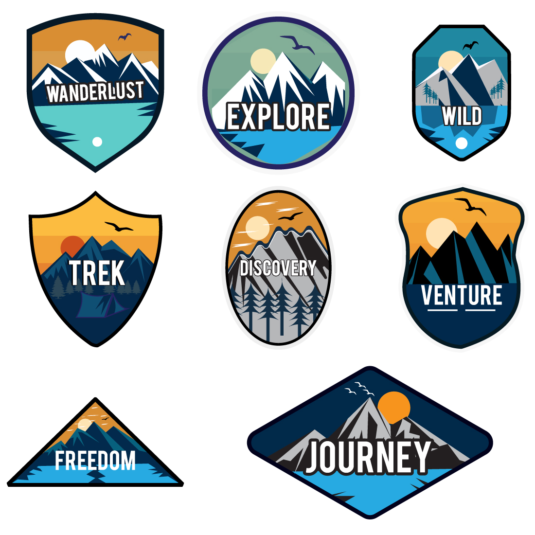 Set of eight mountain travel emblems Camping outdoor adventure emblems, badges and logo patches preview image.