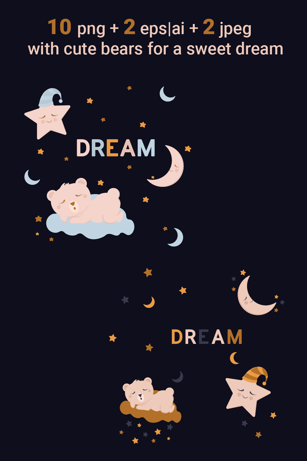 Children's illustration with cute sleeping bears, a moon and a star for a sweet dream pinterest preview image.