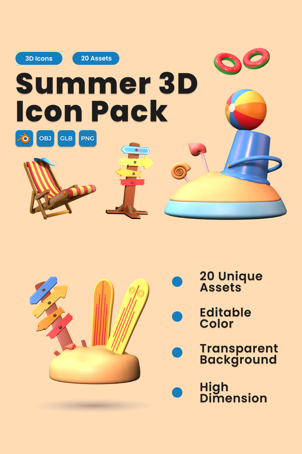 Summer 3D Icon Pack Vol 4 pinterest preview image.