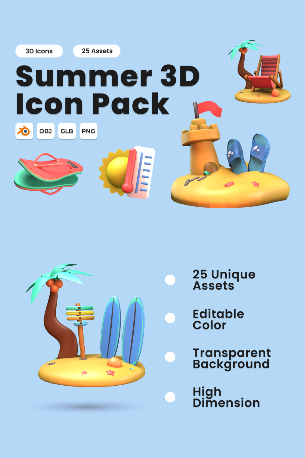 Summer 3D Icon Pack Vol 2 pinterest preview image.