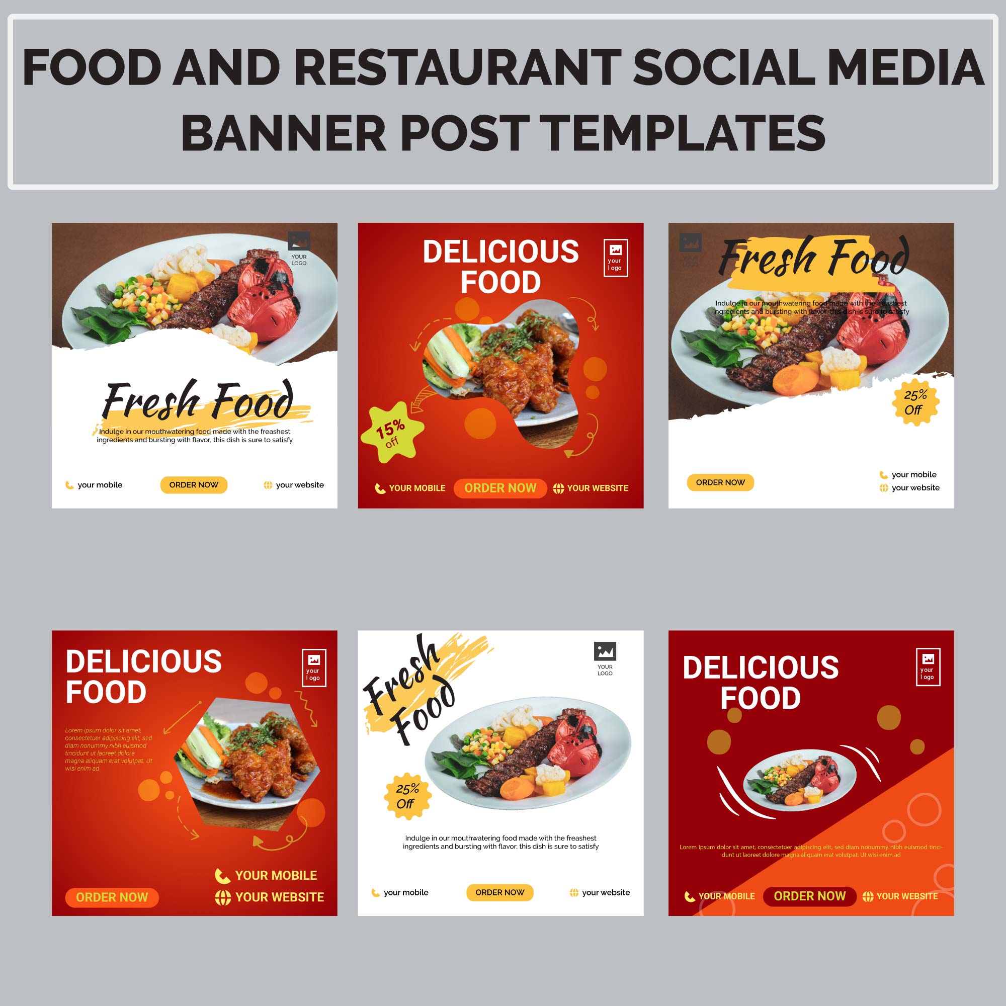 Food and restaurant social media banner post templates cover image.