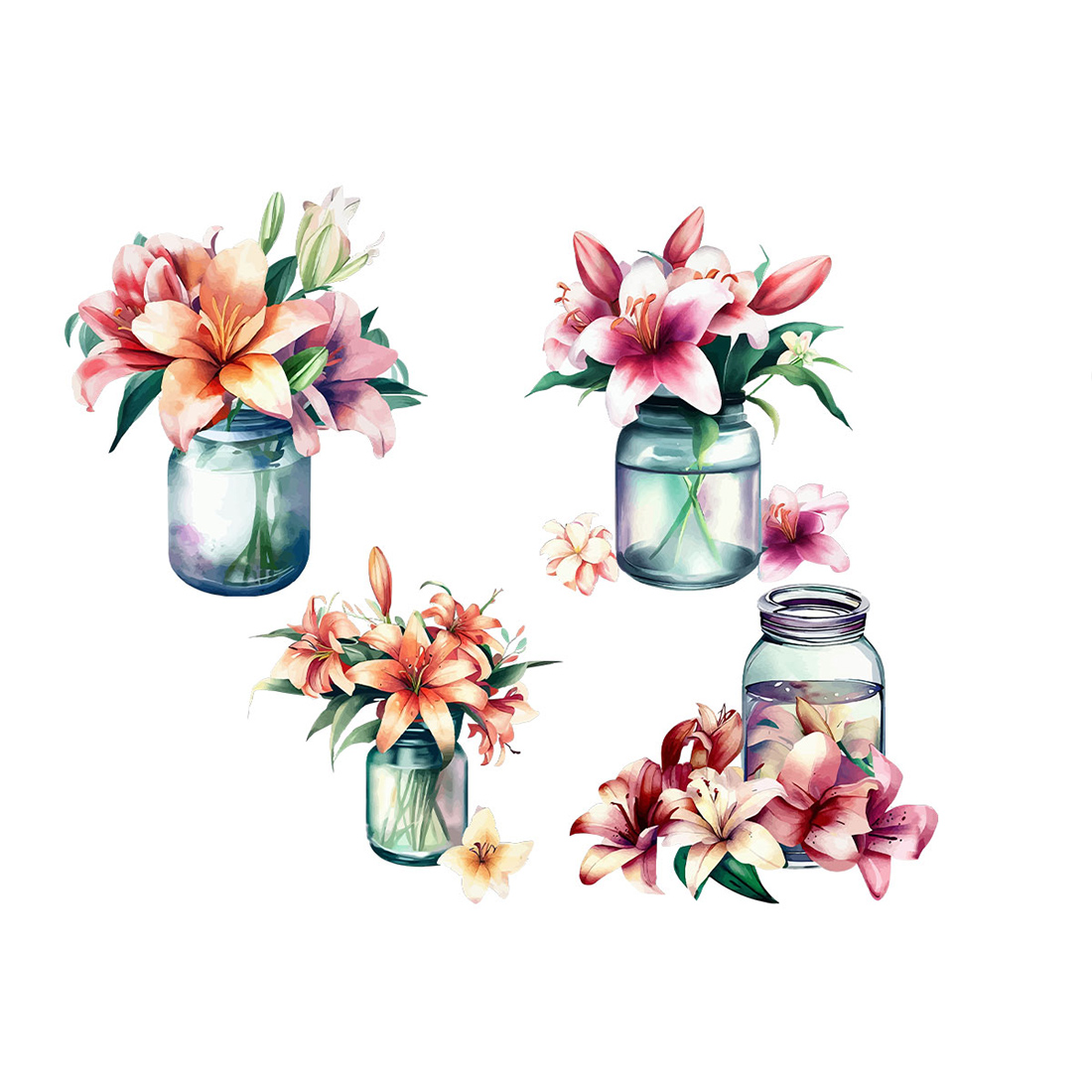 Lily Flowers In Jar Watercolor Clipart preview image.