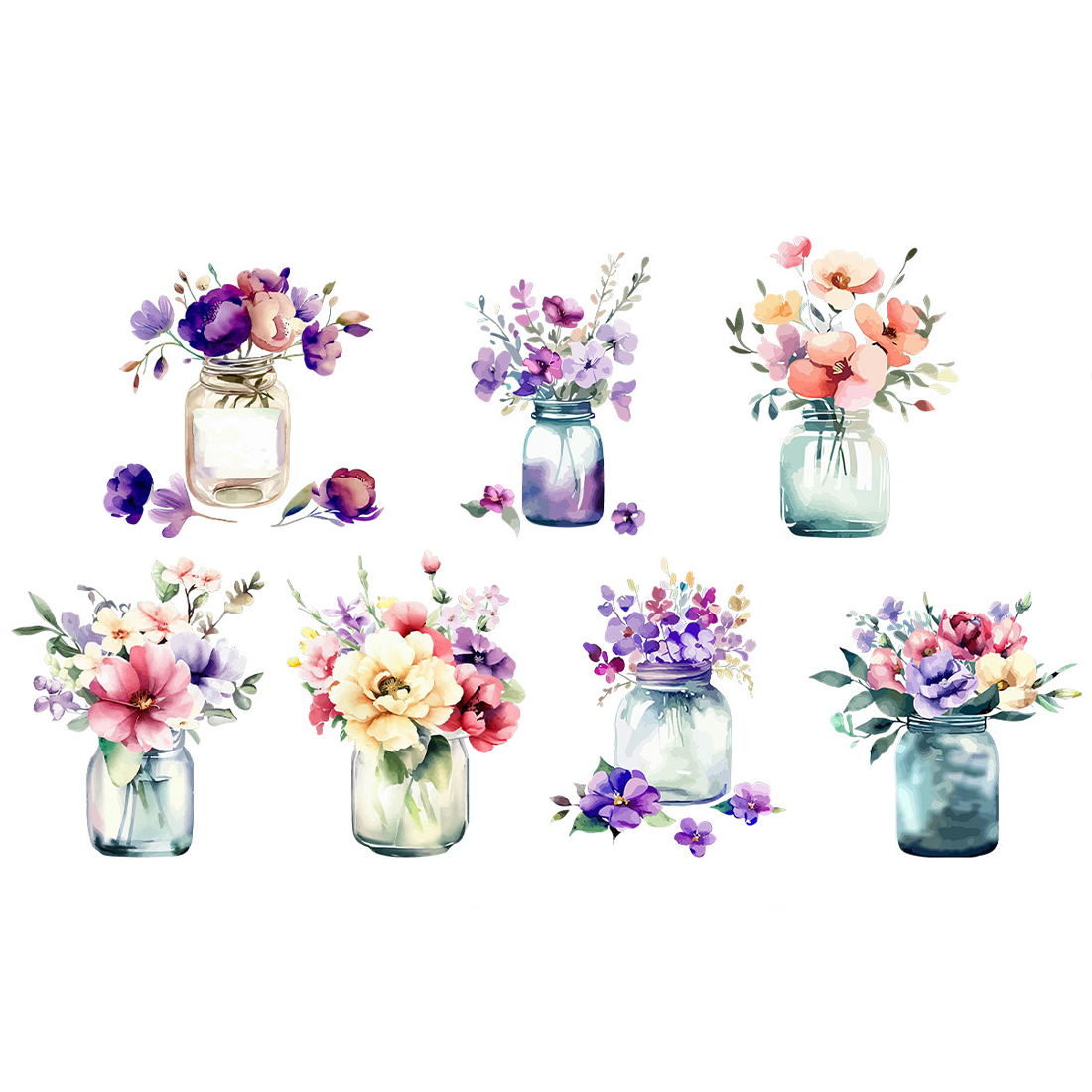 Flowers in Jar Watercolor Clipart preview image.