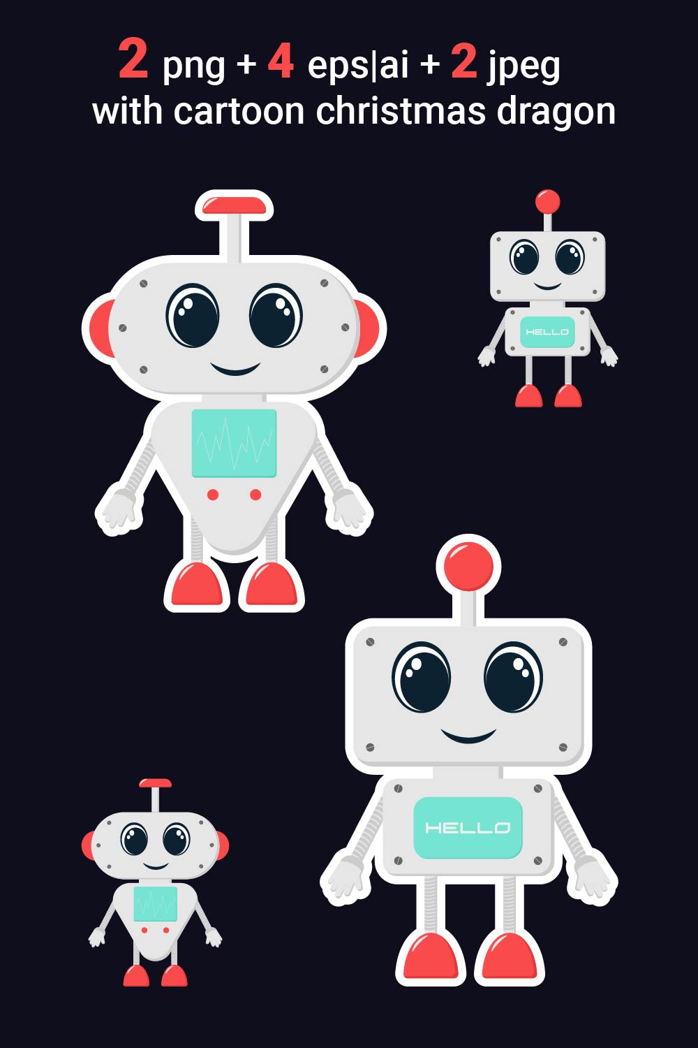 Illustrations and stickers with cute robots with big eyes