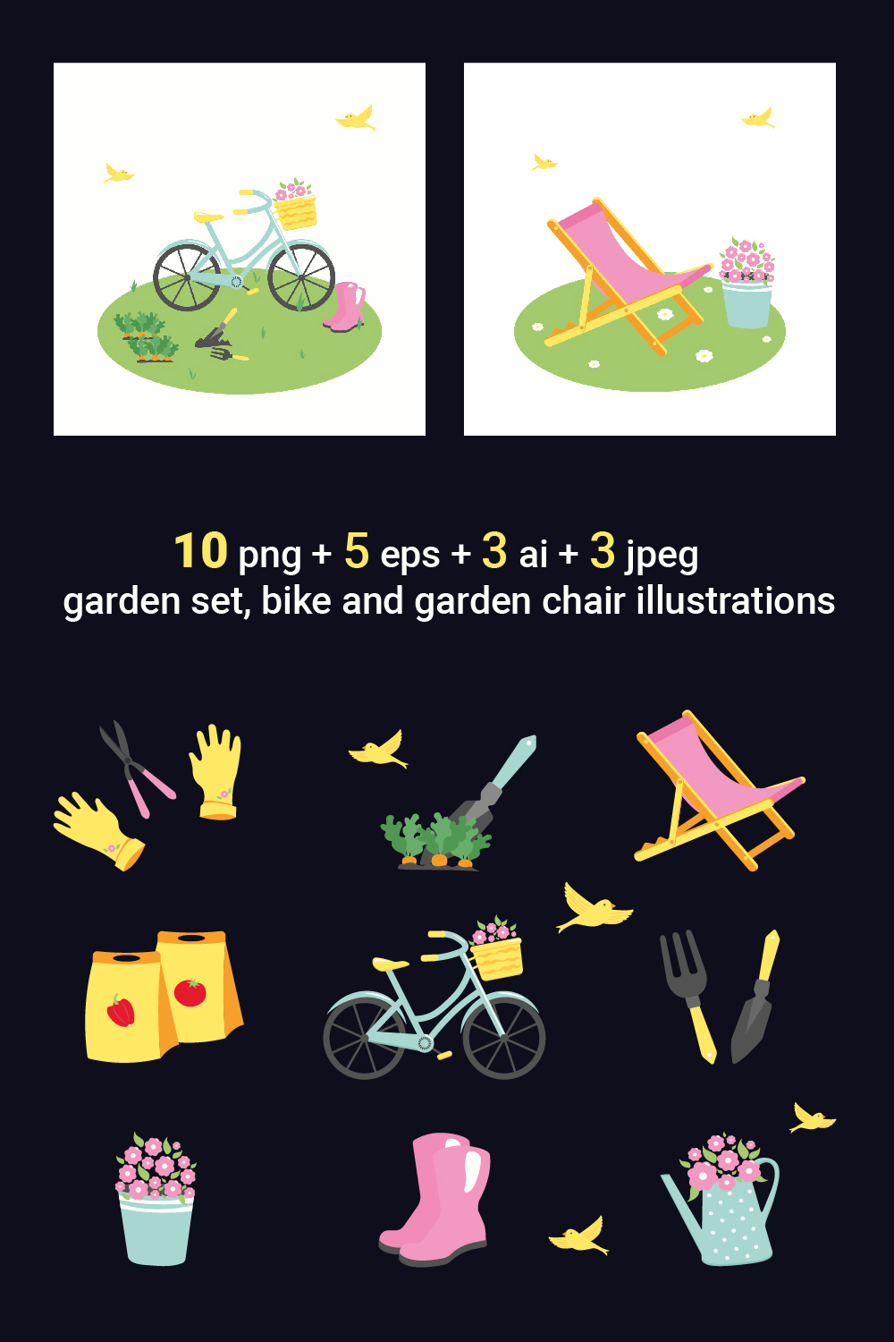 2 illustrations of bicycle and garden chair  Garden set png pinterest preview image.