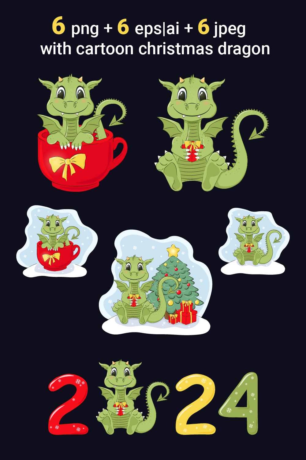 6 Christmas illustrations with a cute cartoon dragon pinterest preview image.