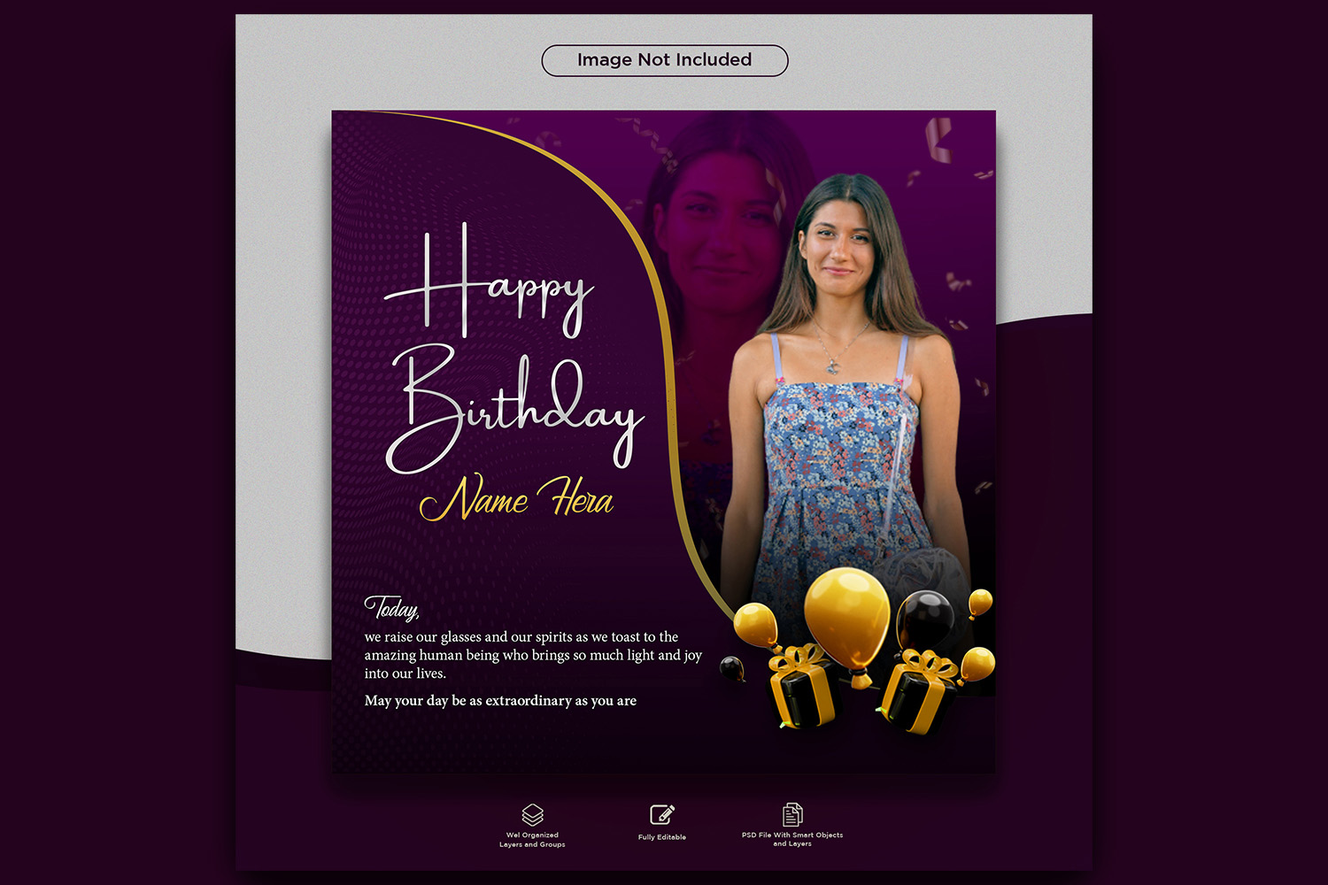 Happy birthday wish and celebration post design PSD template for social media pinterest preview image.